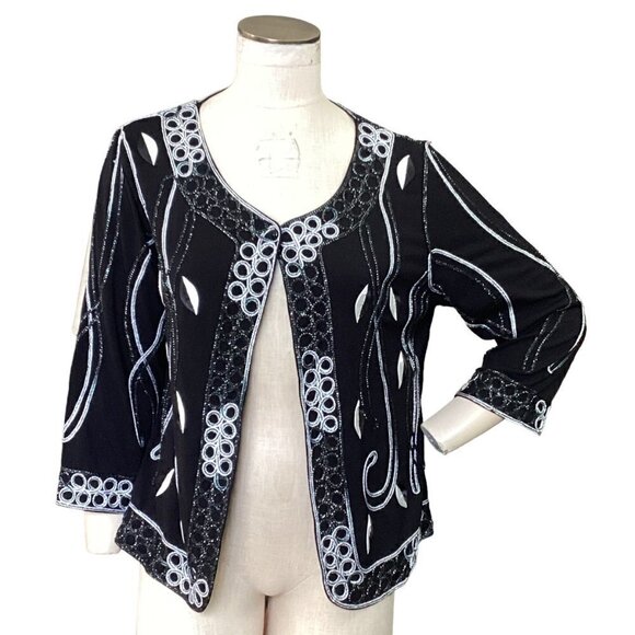 Lauren Michelle Embroidered Flowy Evening Jacket L Black White Silver 224H - Picture 2 of 9